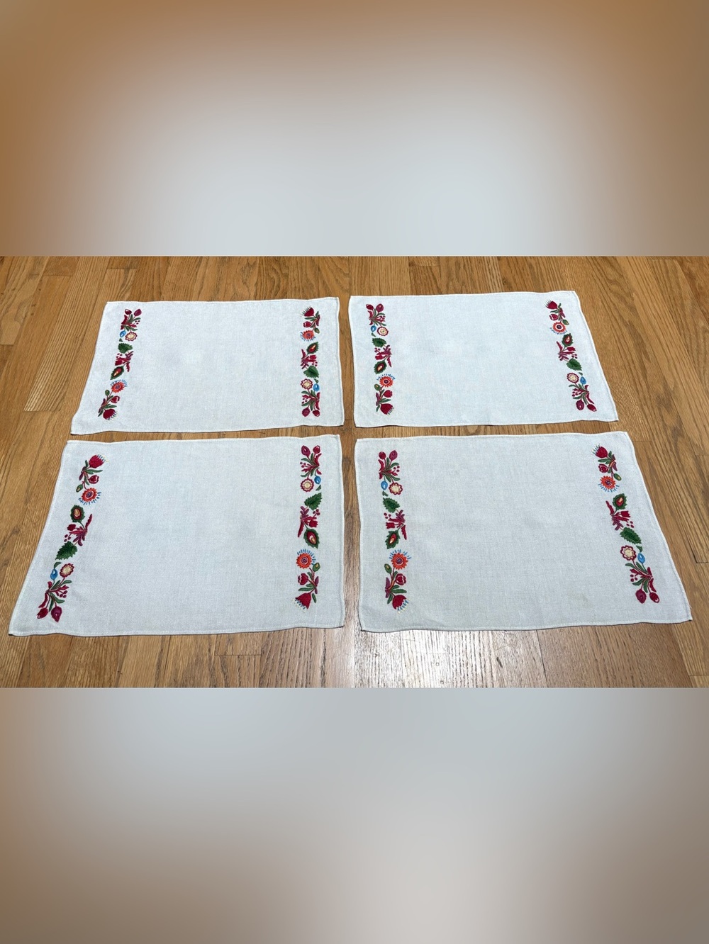 4 Vintage European Linen Folk Art Colorful Embroidered Placemats White